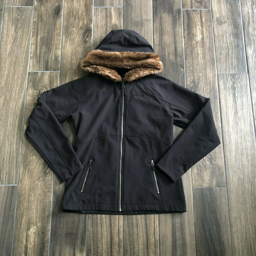 Marmot Coat Faux Fur Trim Black Brown Full Zip Jac